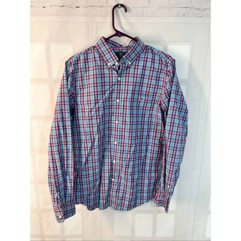 Vineyard Vines Blue Pink Plaid Slim Fit Tucker Button Down Shirt Size Medium